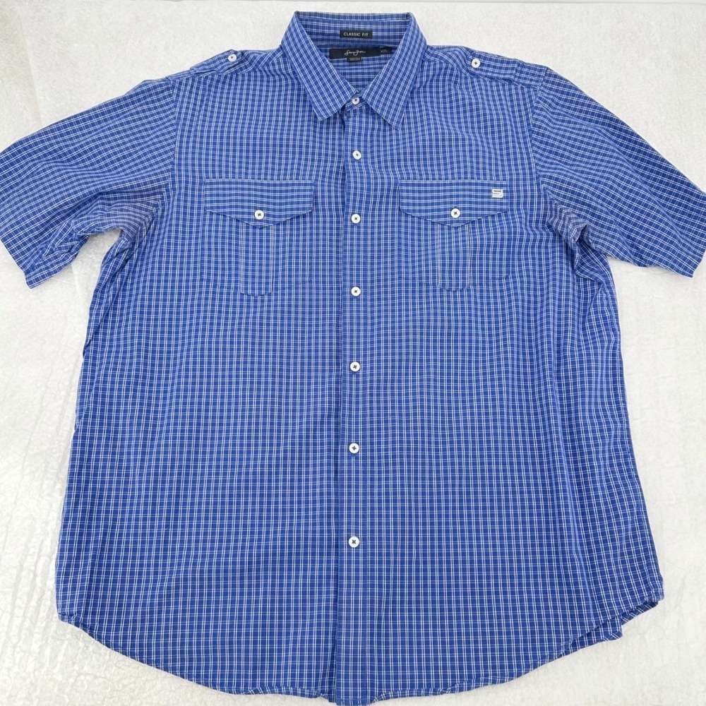 Sean John Mens Button Down Shirt XXL Blue Grid Short Sleeve Utility Y2K